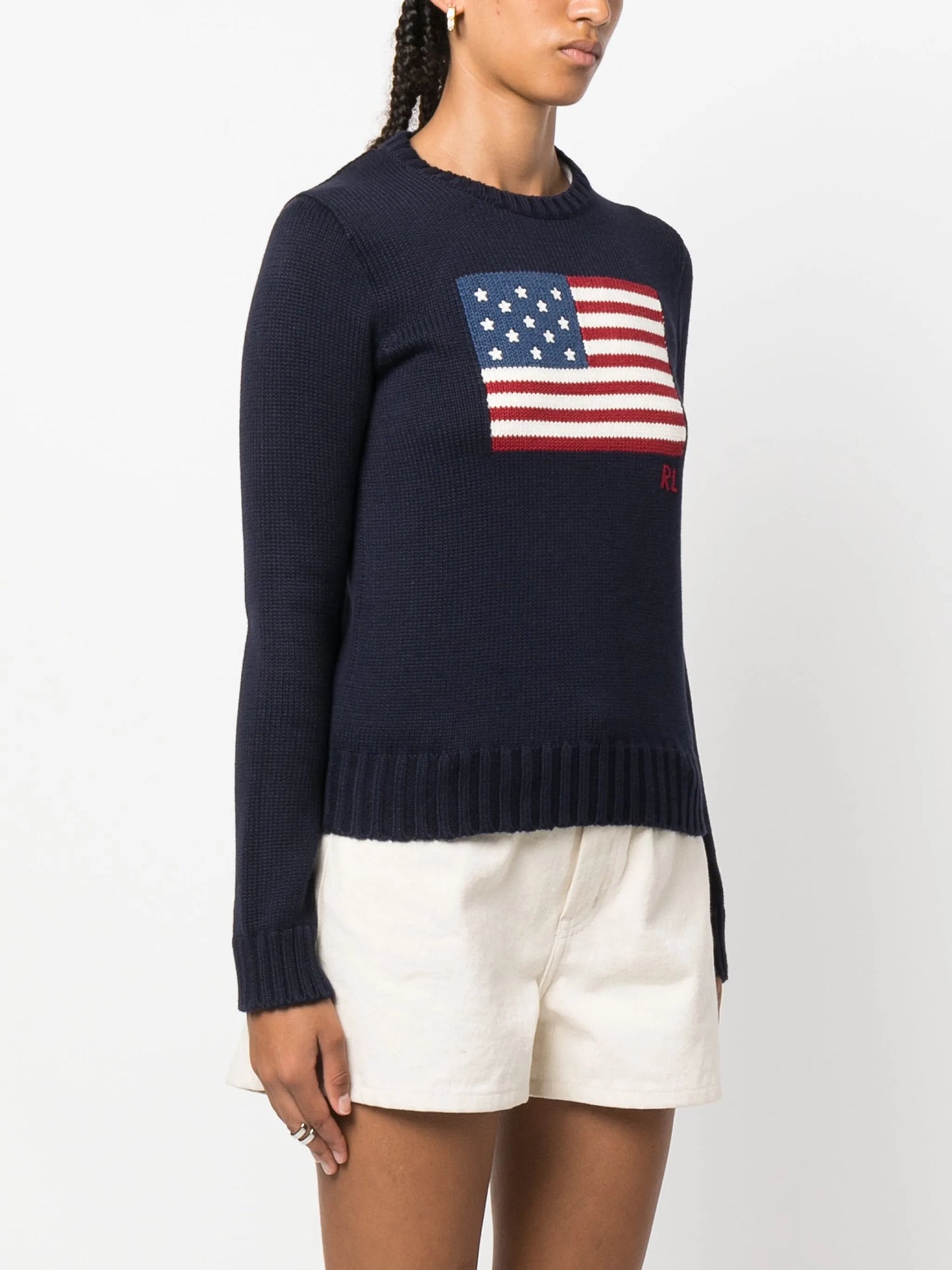 RALPH LAUREN WOMEN Flag Cotton Crewneck Jumper Navy Blue - MAISONDEFASHION.COM