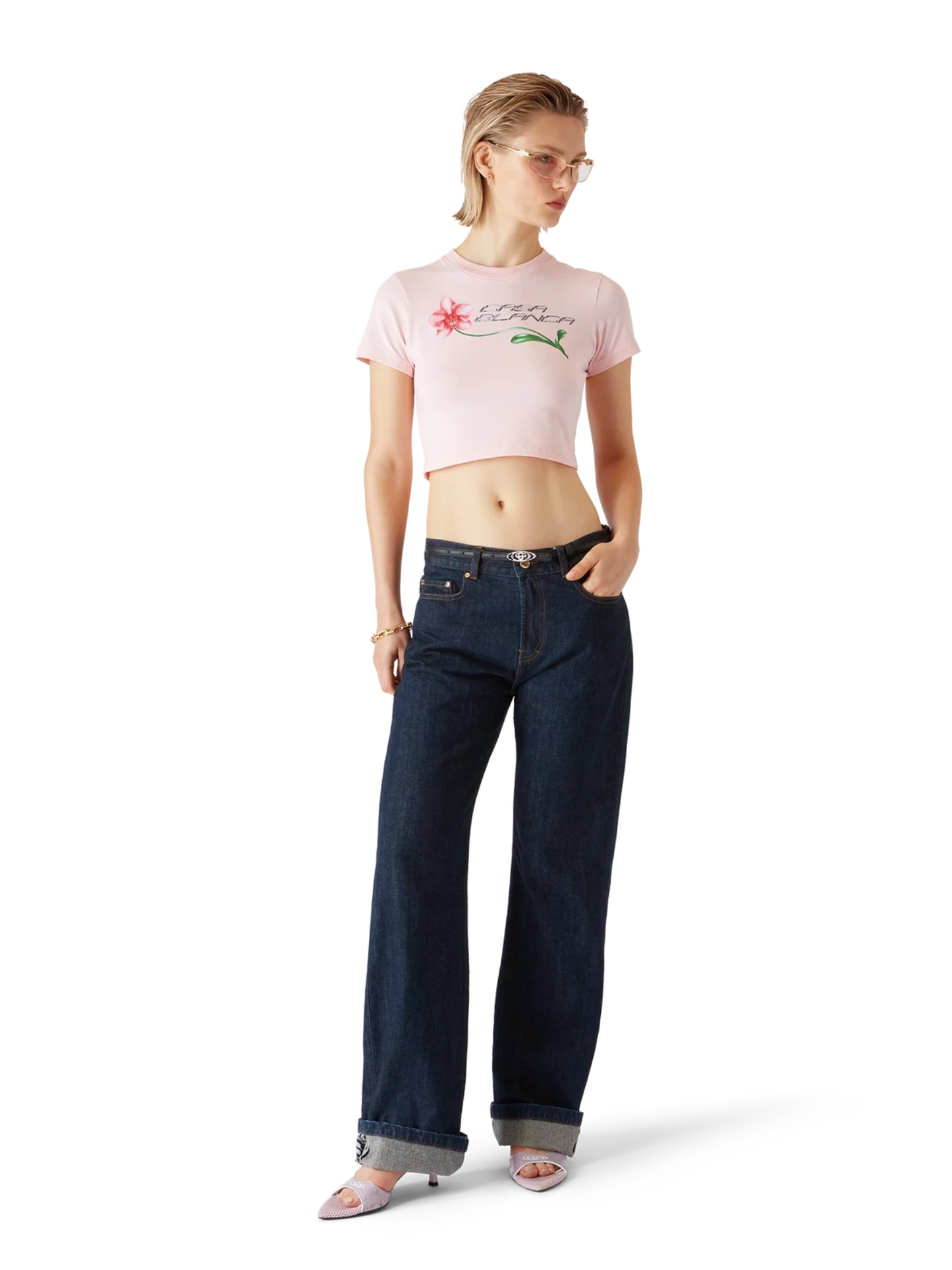 CASABLANCA WOMEN Orchid Logo Cropped Baby Tee Pink - MAISONDEFASHION.COM