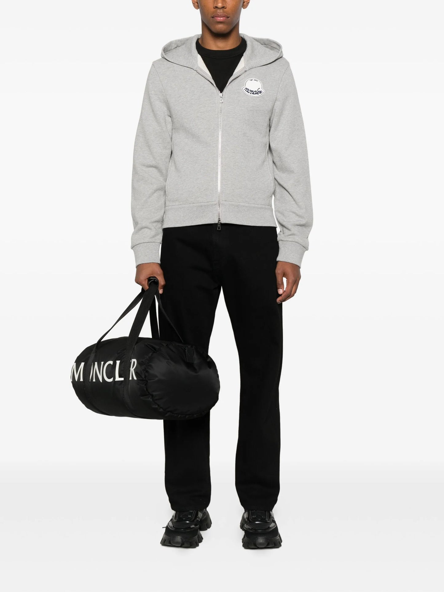 MONCLER Textured Logo Patch Zip-Up Hoodie Grey - MAISONDEFASHION.COM