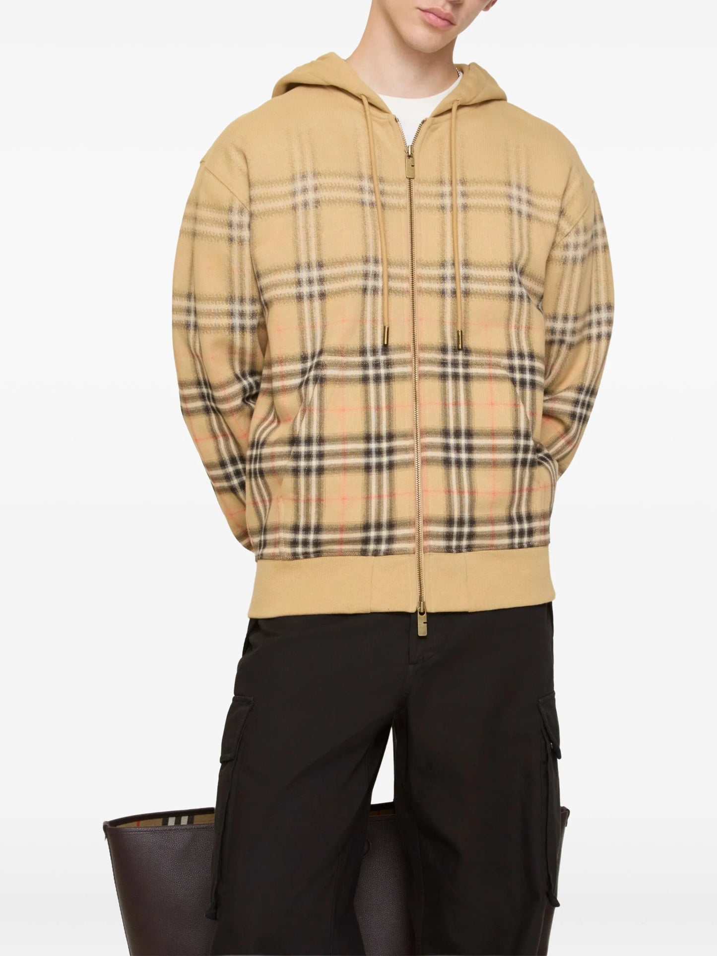 BURBERRY Gradient Check Cotton Zip Hoodie Sand Beige - MAISONDEFASHION.COM