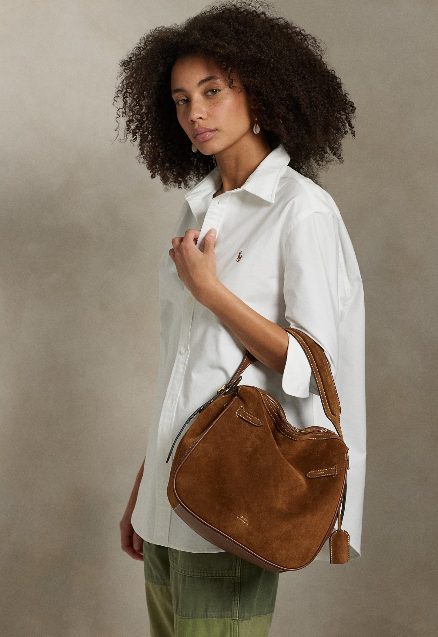 RALPH LAUREN WOMENS Polo ID Suede Satchel Cinnamon/Cuoio - MAISONDEFASHION.COM