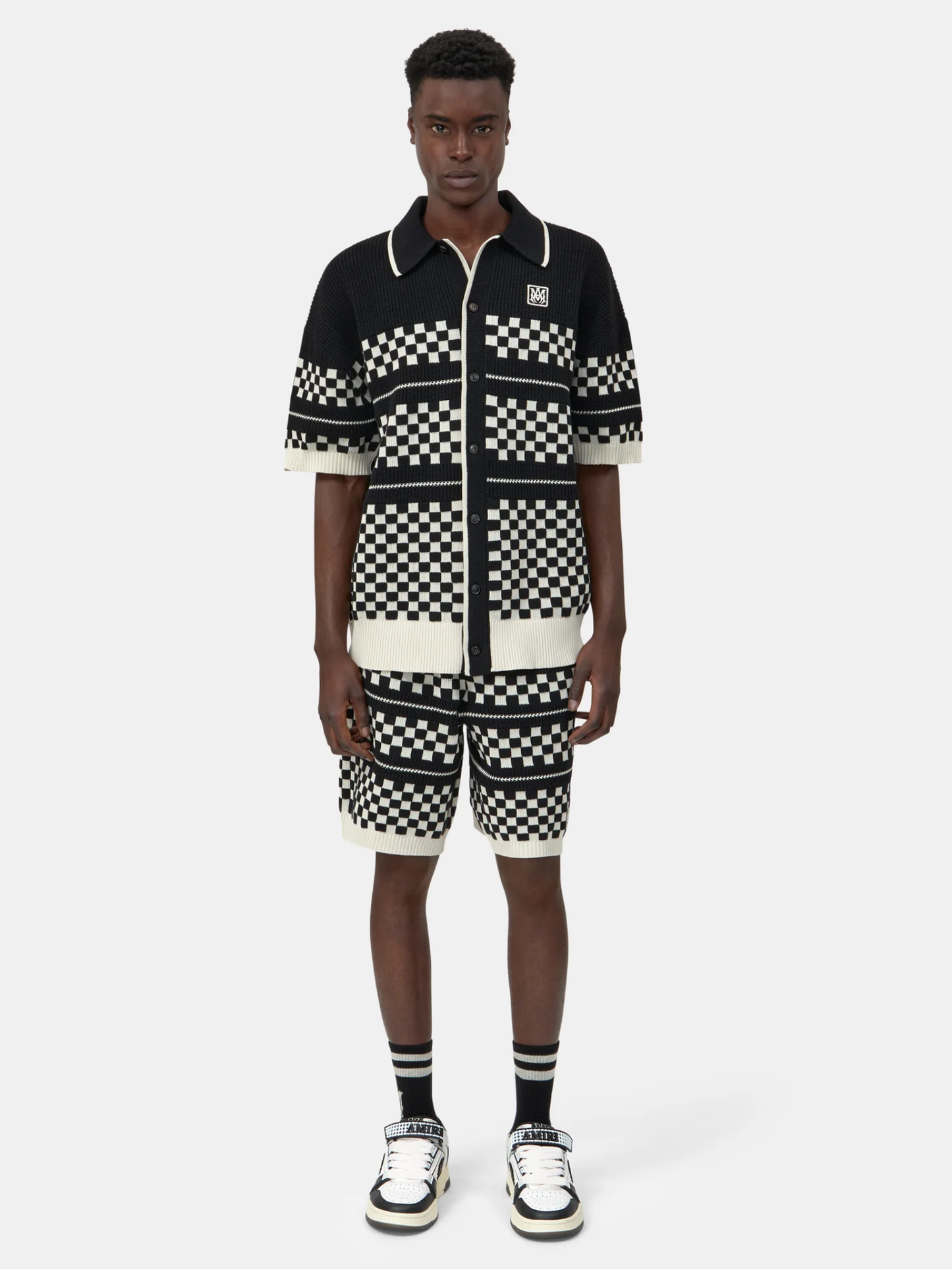 AMIRI Checkered Mesh Logo-patch Shirt Black - MAISONDEFASHION.COM