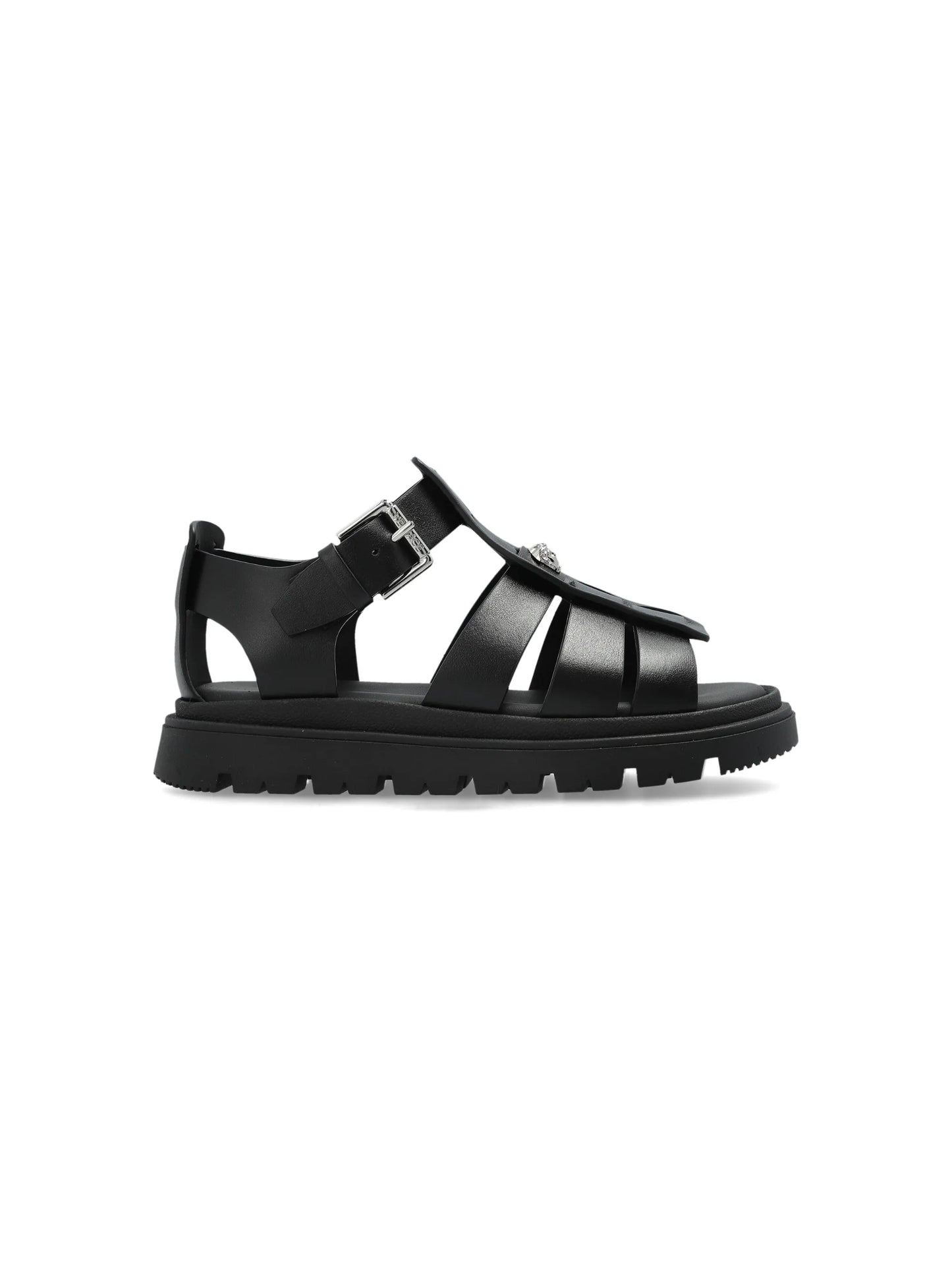 VERSACE KIDS Girls Logo Plaque Open Toe Sandals Black - MAISONDEFASHION.COM