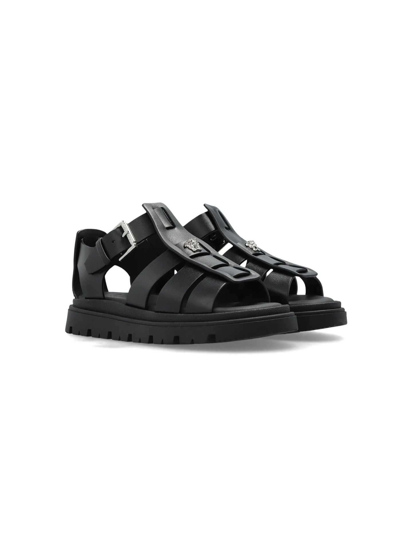 VERSACE KIDS Girls Logo Plaque Open Toe Sandals Black - MAISONDEFASHION.COM