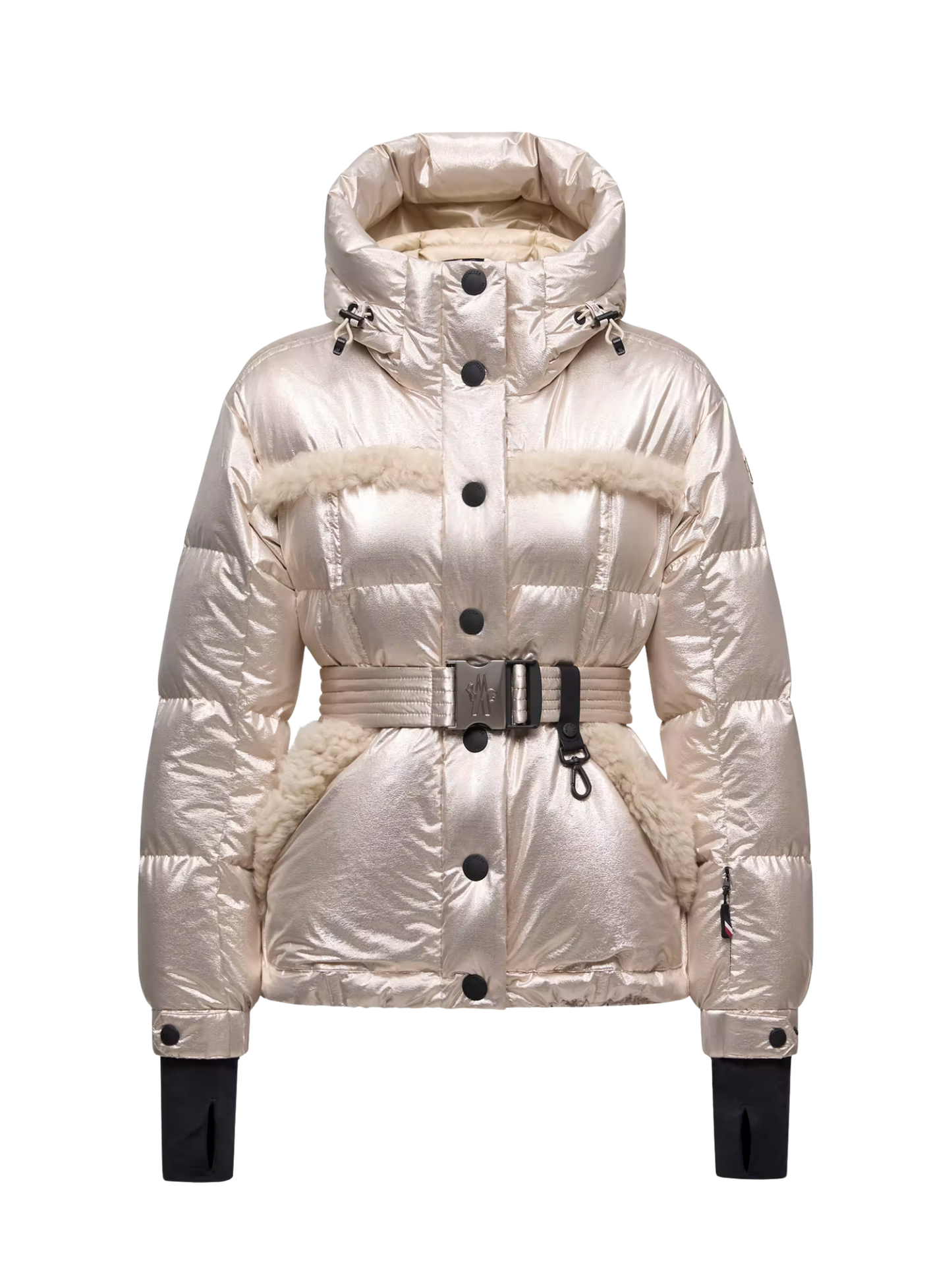 MONCLER GRENOBLE WOMEN Mondim Metallic Shearling-Trimmed Hooded Insulated Ski Jacket Pale Gold - MAISONDEFASHION.COM