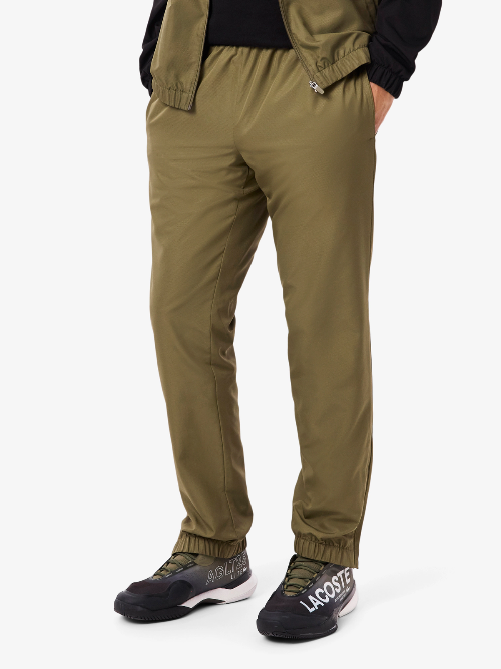 LACOSTE Diamond Taffeta Sport Tracksuit - lifestyle shot showcasing complete set in Khaki Green