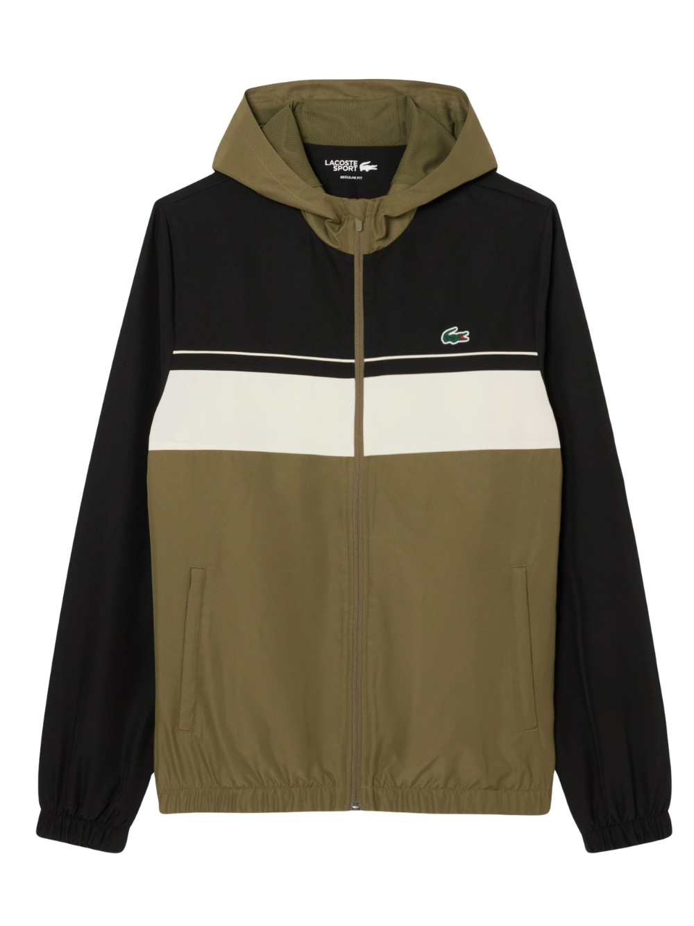 Detail view of LACOSTE tracksuit fabric showing diamond taffeta weave pattern in Khaki Green