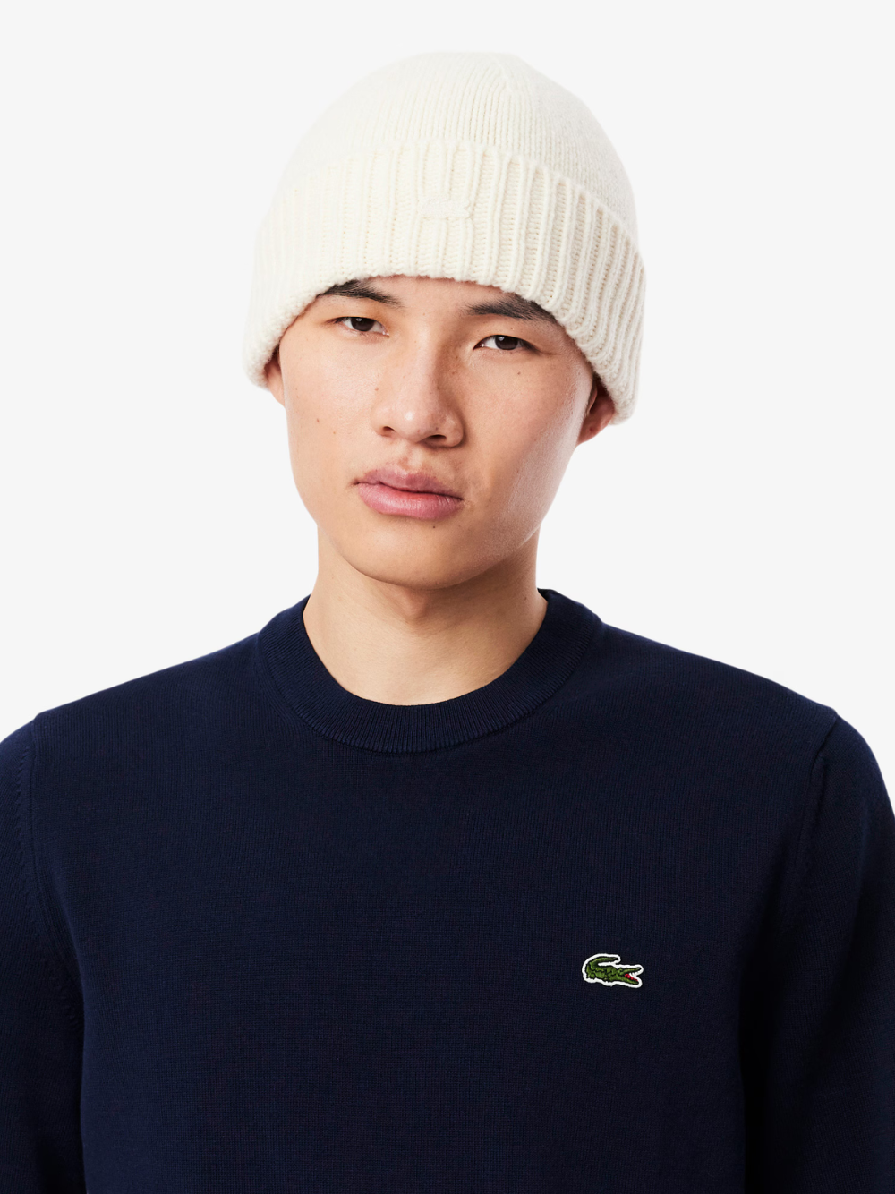 LACOSTE midnight blue cotton sweater close-up detail of crocodile logo embroidery and monochrome fabric texture