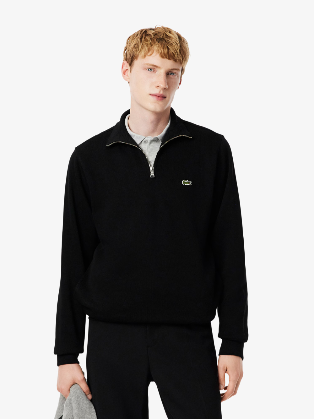 LACOSTE black high neck interlock sweatshirt back view showing clean design and premium interlock fabric construction