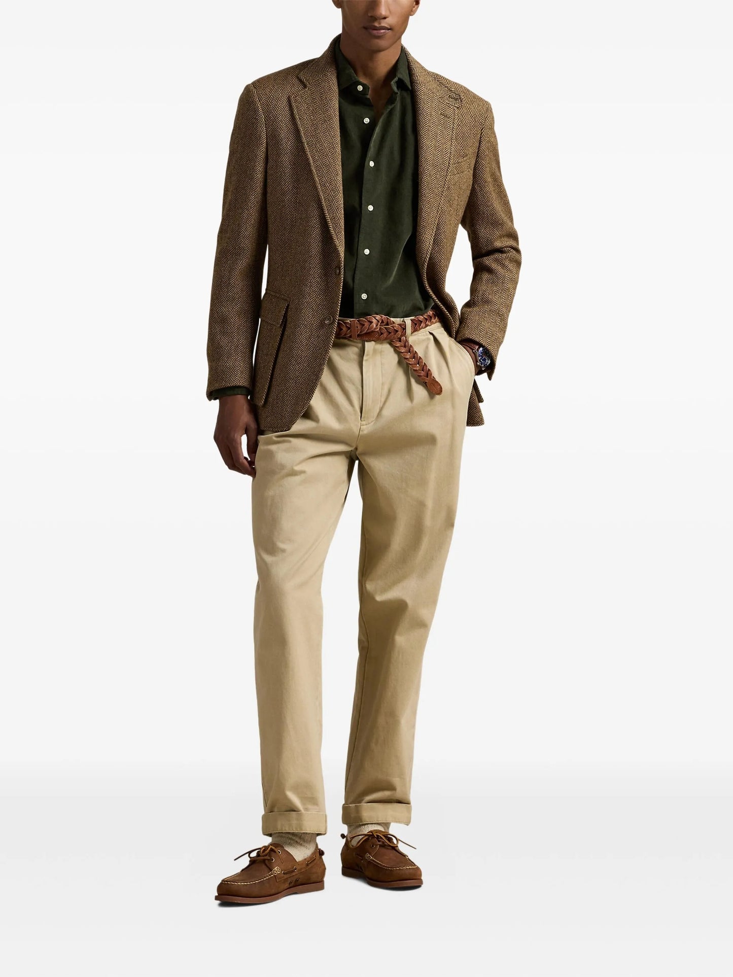 RALPH LAUREN olive green corduroy shirt back view showing regular fit silhouette and quality construction details