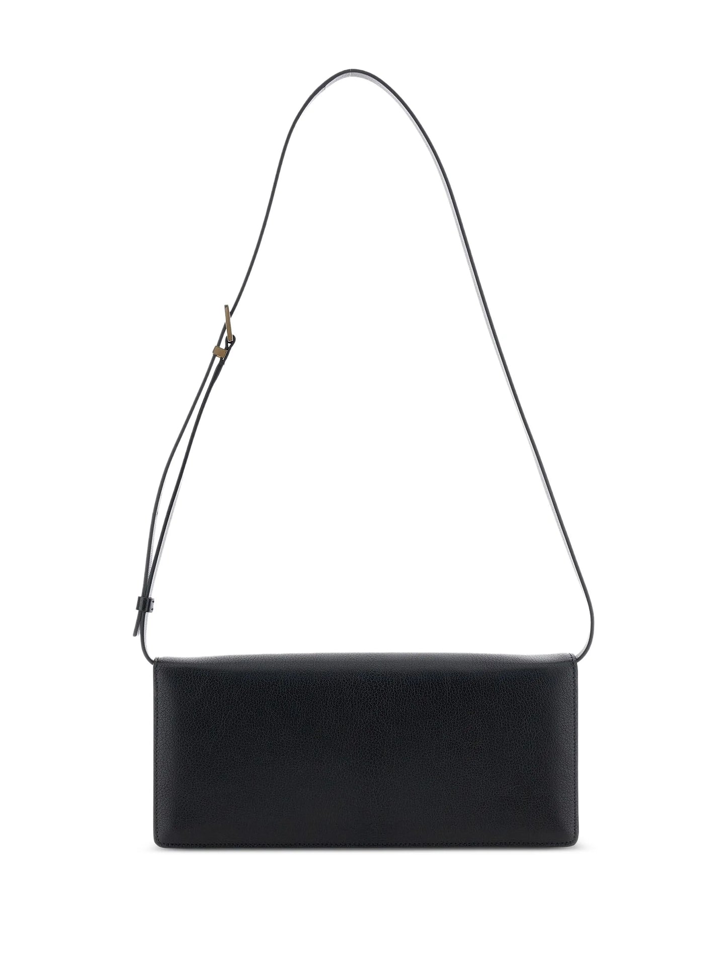 Black handbag with a strap on a white background