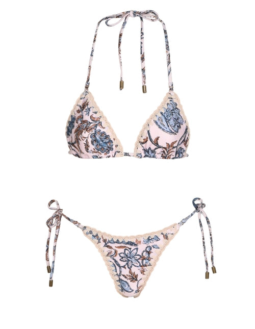 ZIMMERMANN Vitali Crochet Edge Bikini In Cornflower Floral Pink Blue - MAISONDEFASHION.COM